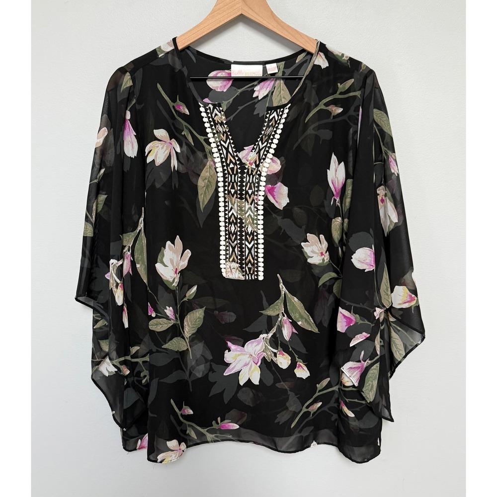Belle by Kim Gravel Magnolia Floral Embroidered V-Neck Flutter Sleeve Blouse L